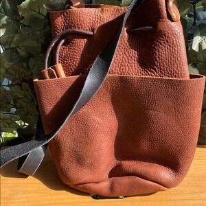 Hand tooled Pebbled Brown Leather Drawstring Bag Purse UNUSUAL